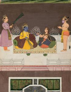 The scene depicting Rama and Sita sitting on a palace terrace, attended by Hanuman and a f