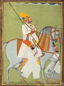 This painting is dominated by the imposing figure of Jait Singh, and the almost monochrome