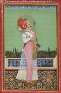 A nimbate (haloed) Jat Sardar standing on a carpeted terrace, with trees and a green lands