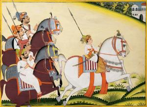 The young Kunwar (prince) Umed Mal with spear in hand and sword in scabbard accompanied by