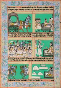 This painting illustrates an episode from the story of Krishna and Rukmini, Rukmini Haran 