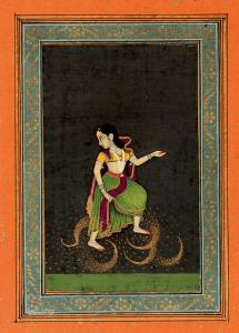 A dancing maiden lifts her green skirt slightly as she high-steps over the sparking firewo
