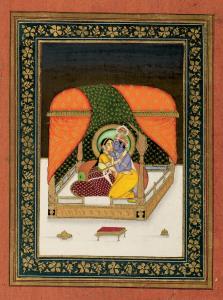 Radha and Krishna seated together on a canopied bed at night - encompassed by a radiant gr