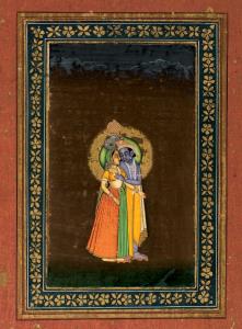 Radha and Krishna stand together on a flat brown ground encompassed by a radiant green and