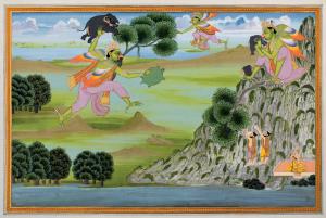 The horizontal composition with its continuous narrative is an episode from the Bhagwat Pu