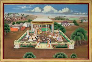 Seated on gold throne chairs within a pavilion, on a carpeted white marble terrace, a nimb
