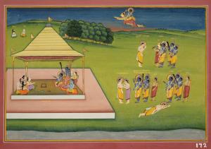 The picture depicts the legend of King Prithu, who planned to conduct the sacrifice of one