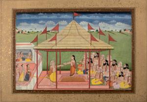 A manifestation of the god Agni stands in a bed of flames offering a vessel containing amb