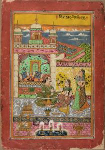 In this richly decorated scene a royal couple is seated on a terrace facing each other out