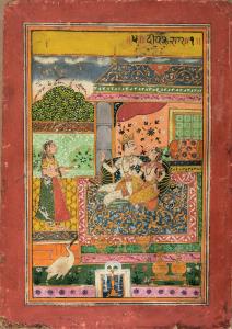 In this richly decorated scene depicting a princely couple on a terrace on an elaborate ru