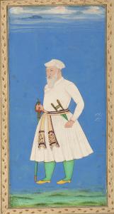 Mir Jumla II (b.1591-1663) stands against a brilliant lapis-blue ground with a small slive