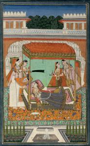 In this scene, a lovelorn lady lies inconsolable on a bed with a concerned duenna (governe