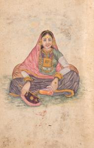 A woman wearing dark purple skirt and pink shawl with gilt brocade borders, heavy inlaid g