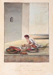 The man seated on a mat working at a brazier, surrounded by his materials and implements, 