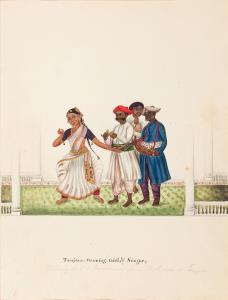 The interior scene depicting a woman dancing to the accompaniment of three male musicians,