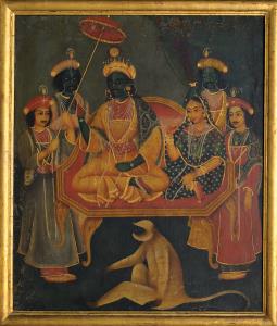Ram, colured green with his consort Sita sitting on an octagonal throne with cabriole legs