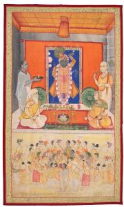 The central figure of Shrinathji flanked by figures of Vallabhacharya (founder of the Push