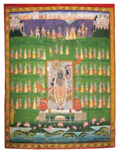 "The central figure of Shrinathji on his pedestal altar flanked by four tiers of gopis in 