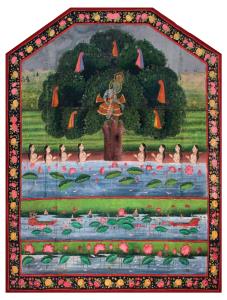 The main scene depicting Krishna in a tree which is draped with the clothes of the gopis w