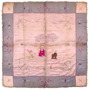 Square form depicting Guru Nanak seated under a tree with a hanging birdcage, flanked by B