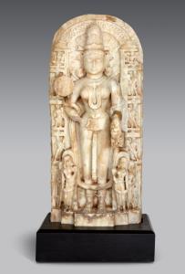 The goddess standing erect, a large open sunflower at her right shoulder, holding a conch 