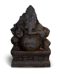 The elephant-headed, pot-bellied deity with four arms, seated on a waisted rectangular pli