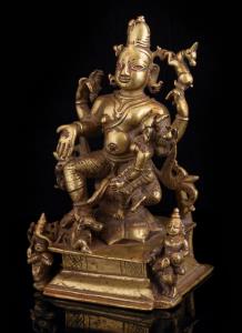 The four-armed figure of Shiva, seated in lalitasana on a lotus, with his consort on his l