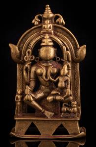 The voluptuous goddess seated in lalitasana, within an arch, holding her child on her left