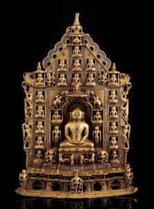 This large altarpiece, probably from a private shrine, is a Chaubisi or 24 figure plaque (
