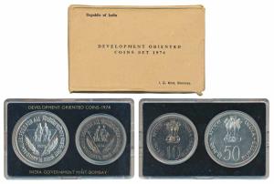 1974 Uncirculated Set, Planned Families Food For All, set of 2, Rupees 10 and 50. In near 