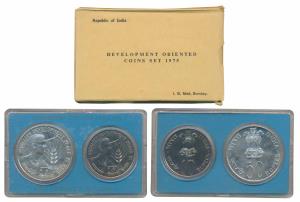 1975 Uncirculated Set, Equality Development and Peace, set of 2, Rupees 10 and 50. In near