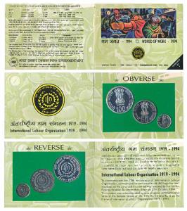 1994 Uncirculated Set, World of work, set of 3, Rupees 5 to 100. In immaculate condition, 