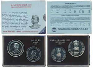 1997 Uncirculated Set, Subhas Chandra Bose Centenary, set of 2, Rupees 50 and 100. In imma