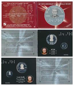 2009 Proof Set, 200th Birth Anniversary of Louis Braille, set of 2, Rupees 2 and 100. In i