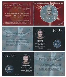 2009 Proof Set, 200th Birth Anniversary of Louis Braille, set of 1, Rupees 2. In immaculat