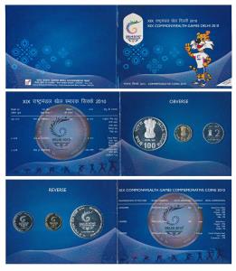 2010 Proof Set, XIX Commonwealth Games Delhi, set of 3, Rupees 2 to Rupees 100. In immacul