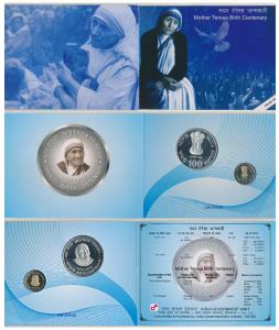 2010 Proof Set, Mother Teresa Birth Centenary, set of 2, Rupees 5 and 100. In immaculate c
