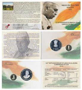 2014 Proof Set, 125th Birth Anniversary of Jawaharlal Nehru, set of 2, Rupees 5 and 125. I