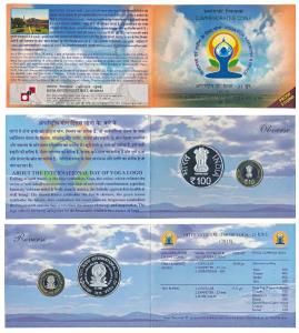 2015 Proof Set, International Day of Yoga, set of 2, Rupees 10 and 100. In immaculate cond