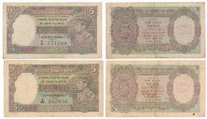 George VI, Rupees 5, 1st issue, 1938, signed J. B. Taylor; 1944, signed C. D. Deshmukh (J&