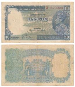 George VI, Rupees 10, 1st issue, 1938, signed J. B. Taylor, prefix G (J&R 4.5.1). Fine+.