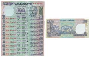 Rupees 100, signed Y. V. Reddy, fancy numbers 000001 to 000010 with Inset E. Uncirculated 