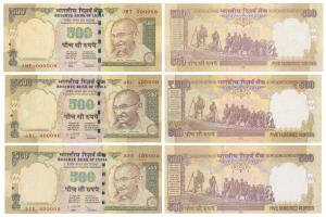 Rupees 500, signed D. Subbarao, fancy number 000008, 400000 and 400000. Very Fine+ to Unci