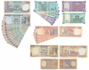 Assorted lot, Rupees 500 (1), Rupees 100 (14), Rupees 50 (3), Rupees 10 (4), Rupees 2 (1),