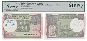 Rupee 1, 2015, signed Rajiv Mehrishi, signed autograph in Devnagari of the Finance Secreta