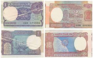 Rupees 1, signed Montek Singh Ahluwalia, Error, paper fold while printing hence has a whit
