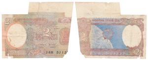 Rupees 2, signed R. N. Malhotra, Error, margin with substantial extra paper at top right c