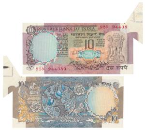 Rupees 10, signed R. N. Malhotra, Error, extra paper and an uneven cut in top right corner