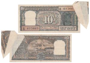 Rupees 10, signed R. N. Malhotra, Error, extra paper folded while printing split the seria