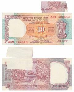 Rupees 10, signed S. Venkitaraman, Error, miss-print with extra paper, with a white patch 